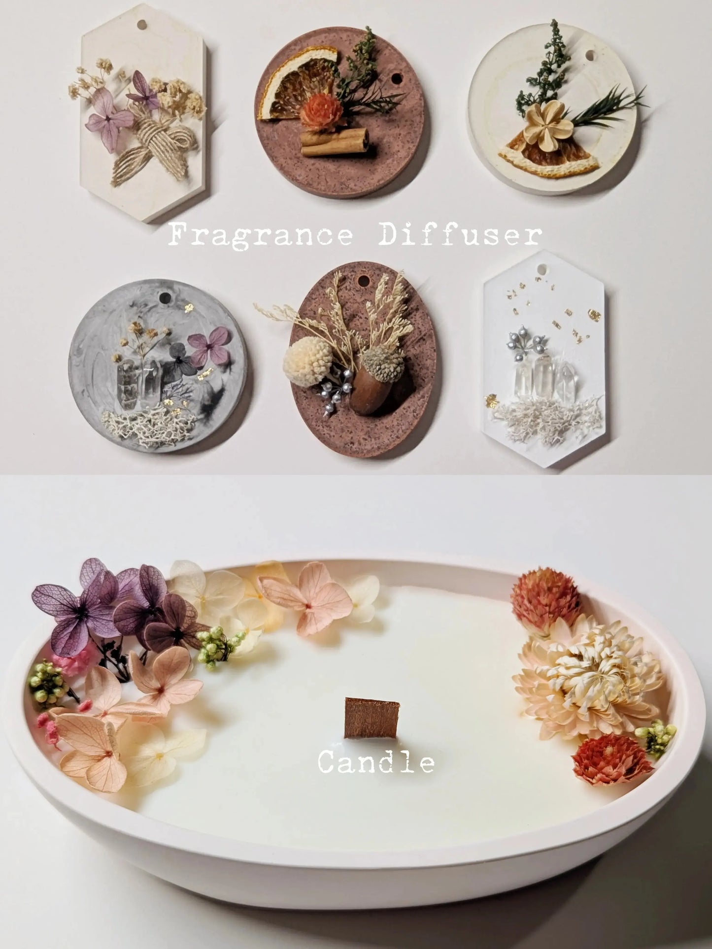 handmade decorative fragrance diffusers displayed on white table