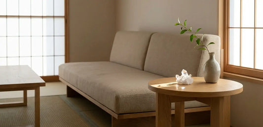 a japanese style minimalism living room with a clear quartz cluster on a side table