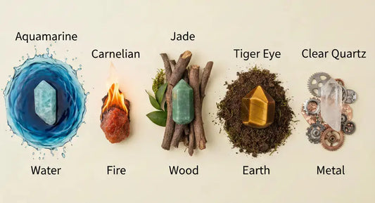 Matching crystals for the Five elements - Blue Water, Red Fire, Green Wood, Yellow Earth, and Clear Metal