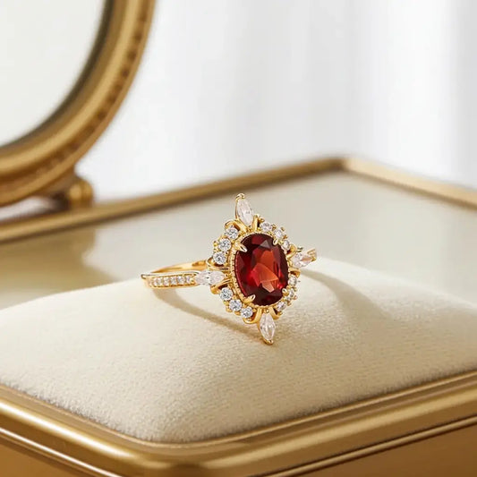 Rhodolite Garnet ring on a makeup desk with sand tone