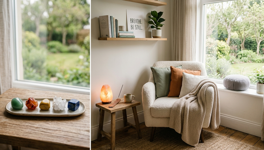 a cozy corner in a house with five element crystals