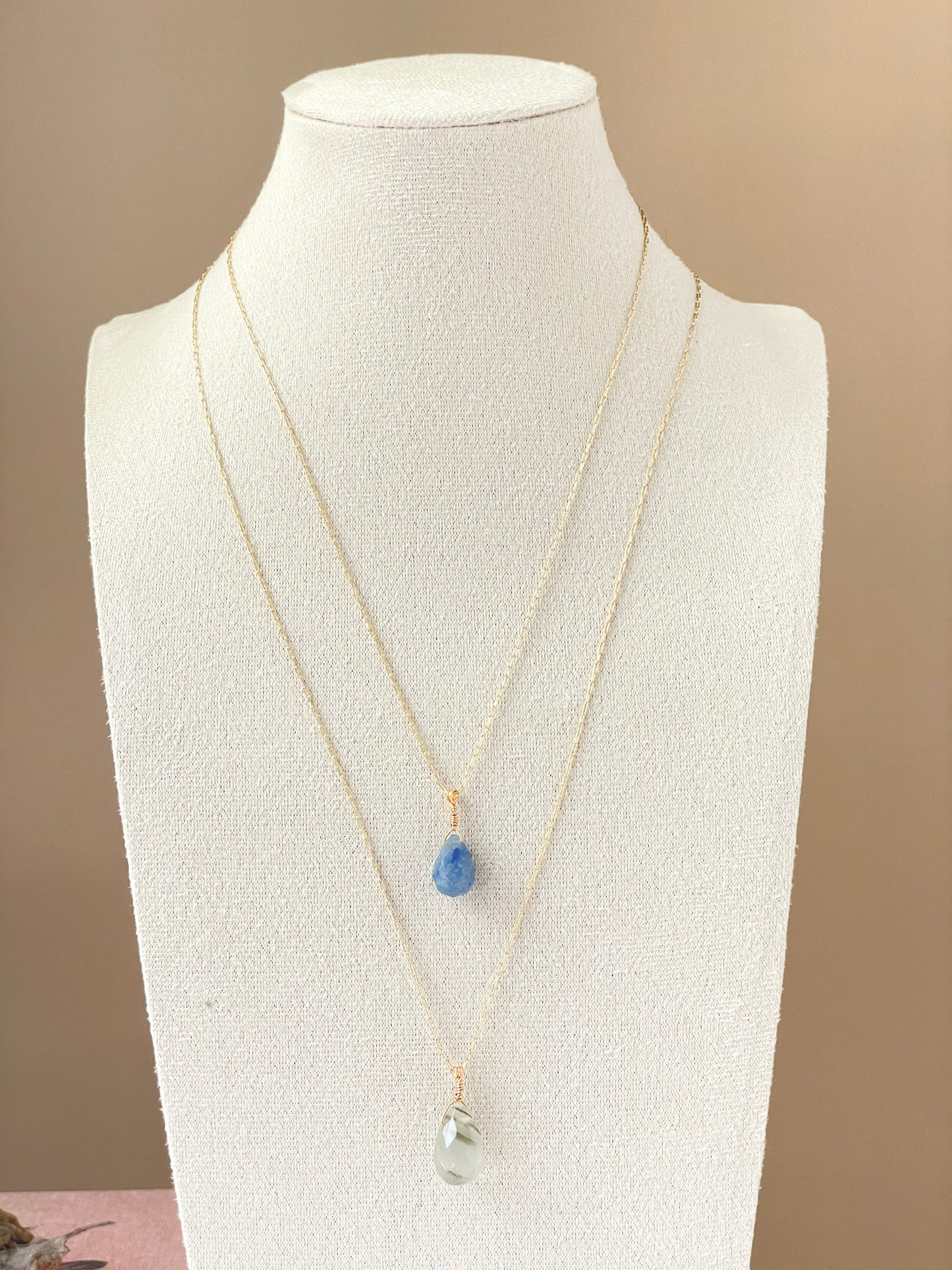 “Soul Drop” – Teardrop Gemstone Necklace in Chlorite Quartz or Blue Aventurine