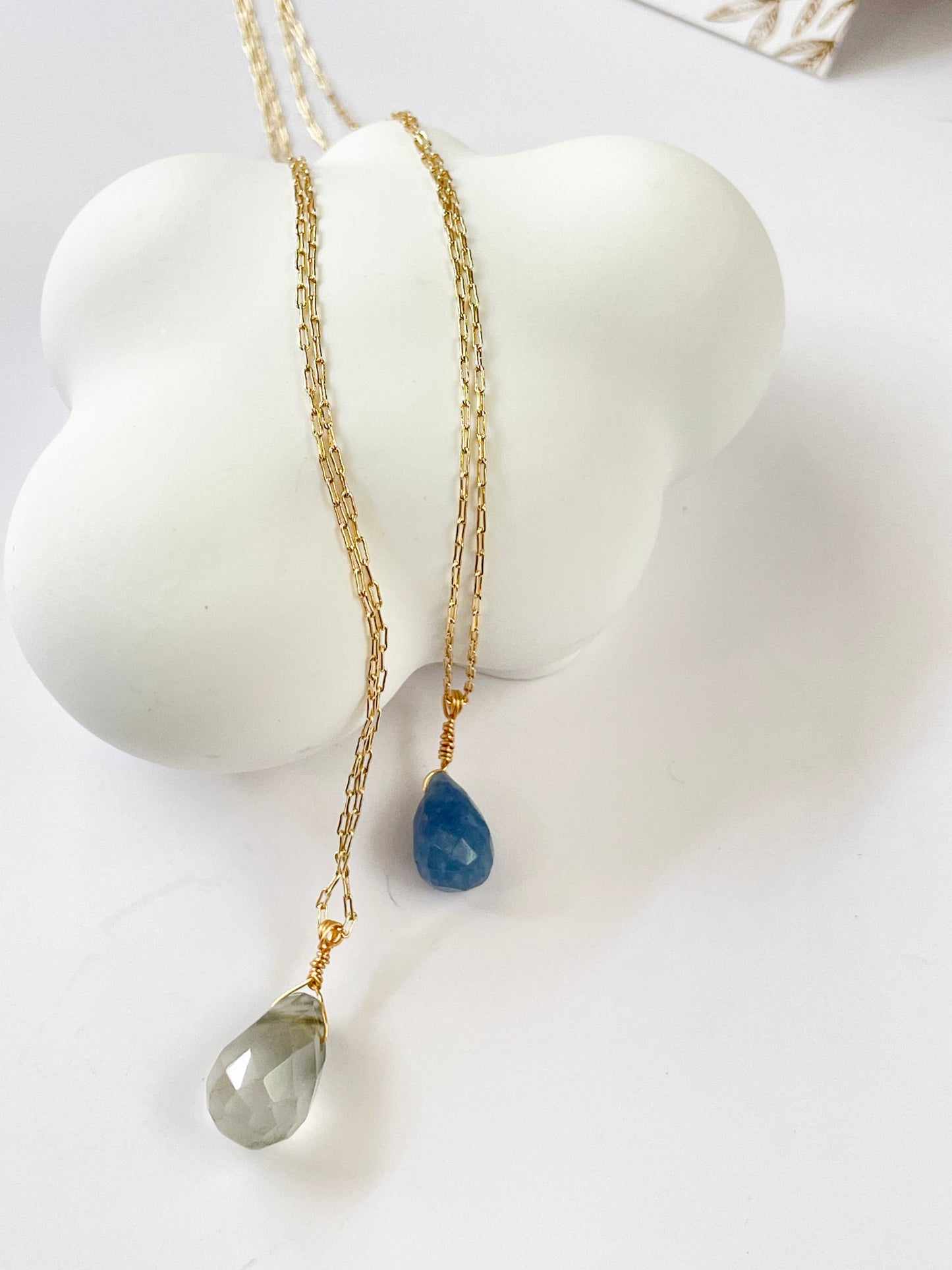 “Soul Drop” – Teardrop Gemstone Necklace in Chlorite Quartz or Blue Aventurine