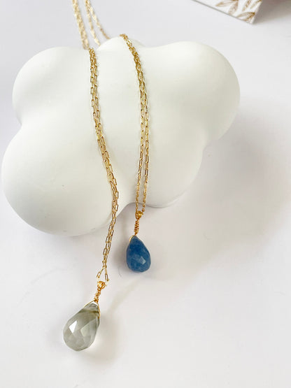 “Soul Drop” – Teardrop Gemstone Necklace in Chlorite Quartz or Blue Aventurine