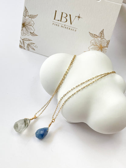 “Soul Drop” – Teardrop Gemstone Necklace in Chlorite Quartz or Blue Aventurine
