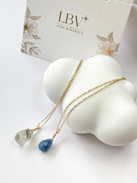 “Soul Drop” – Teardrop Gemstone Necklace in Chlorite Quartz or Blue Aventurine