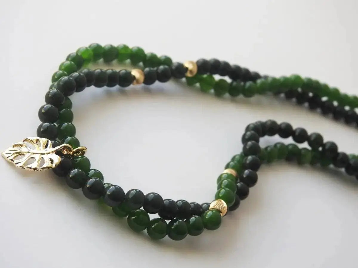 Jade Tropic – Green Jade Jewelry with Gold Monstera Leaf Pendant - LBV Crafts - Jewelry
