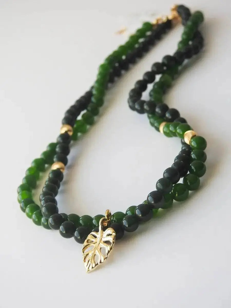 Jade Tropic – Green Jade Jewelry with Gold Monstera Leaf Pendant - LBV Crafts - Jewelry
