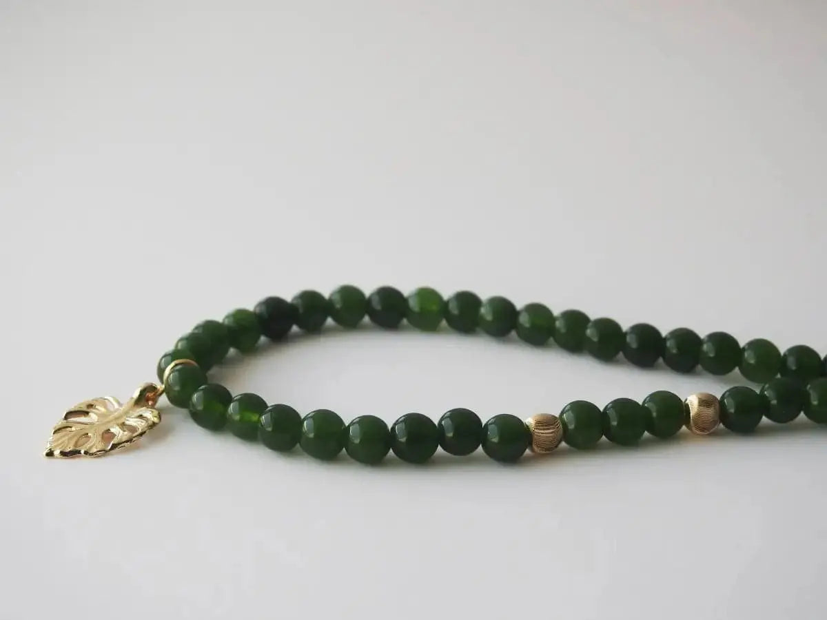 Jade Tropic – Green Jade Jewelry with Gold Monstera Leaf Pendant - LBV Crafts - Jewelry
